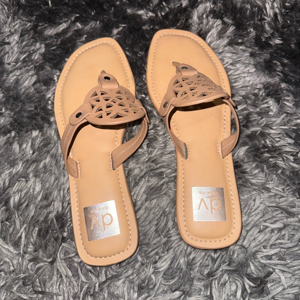 DV by Dolce Vita Tan Slide Sandals with Laser-Cut Design